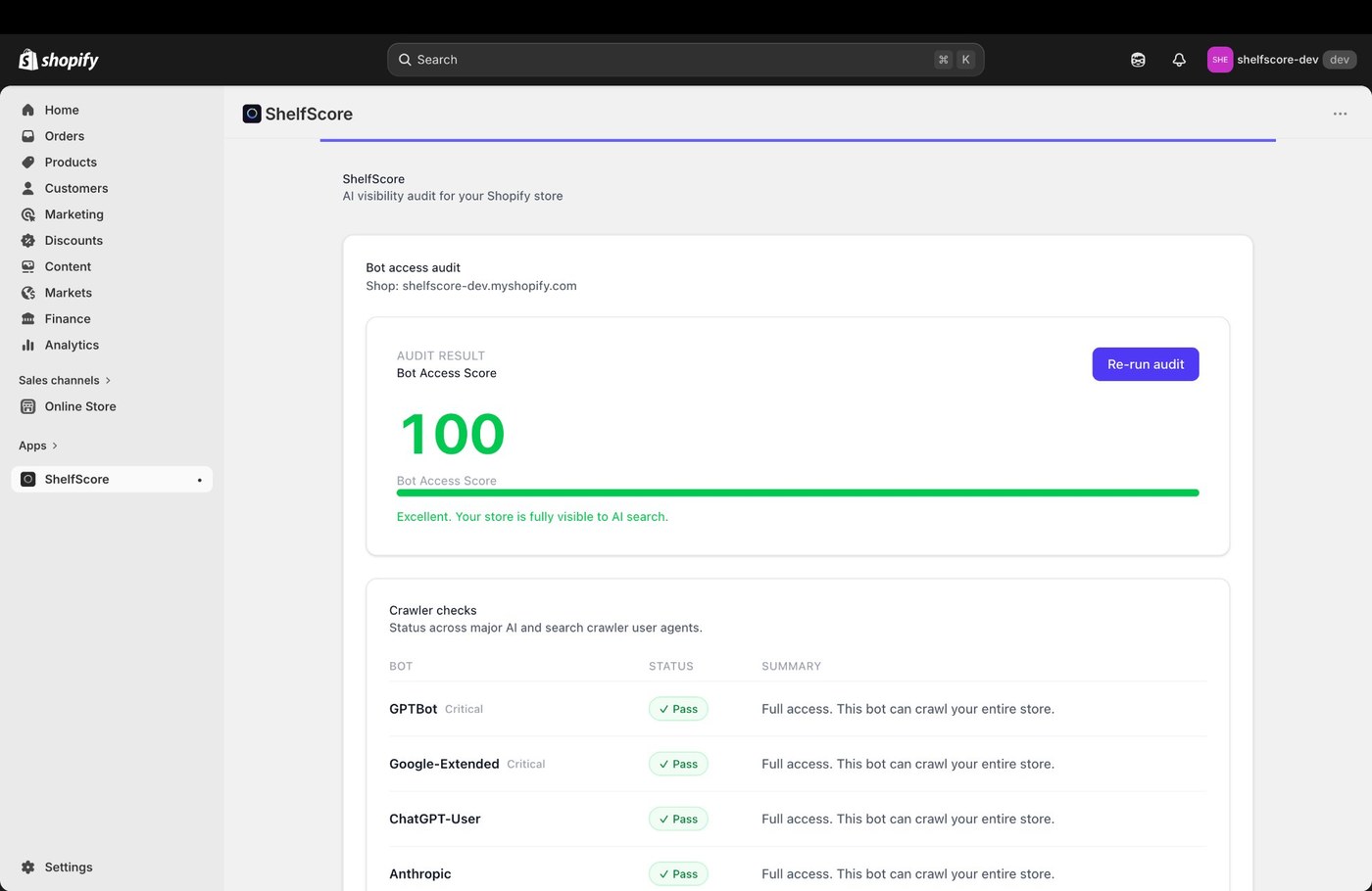 ShelfScore running inside the Shopify admin