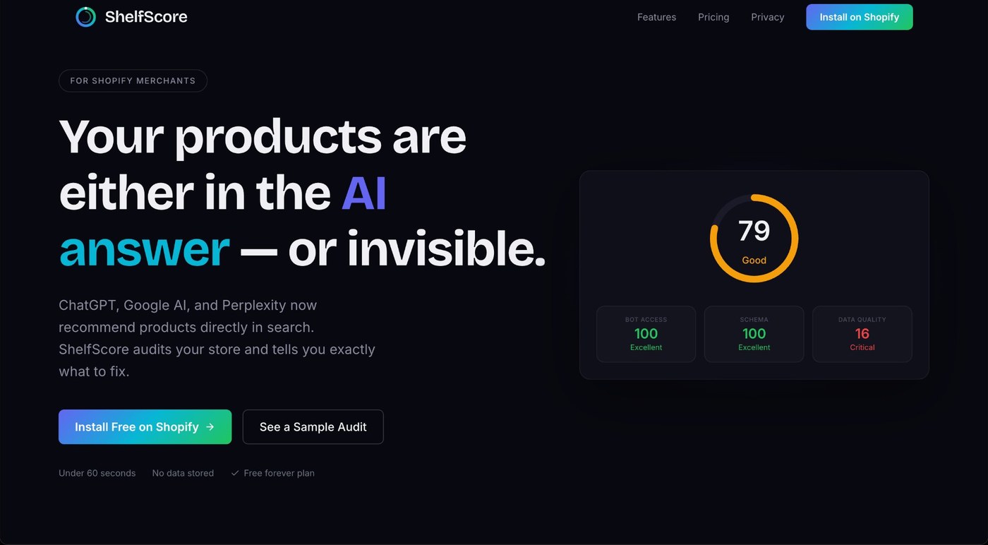 ShelfScore landing page showing an AI visibility score